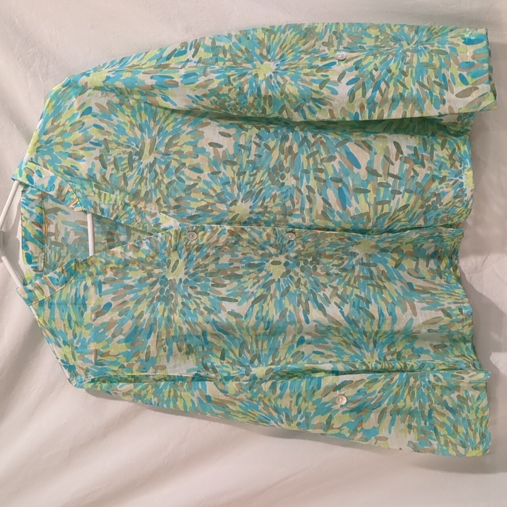 Ruby Rd | Blue Green Abstract Print with Sheer Accents Shirt Roll-up Sleeve | L